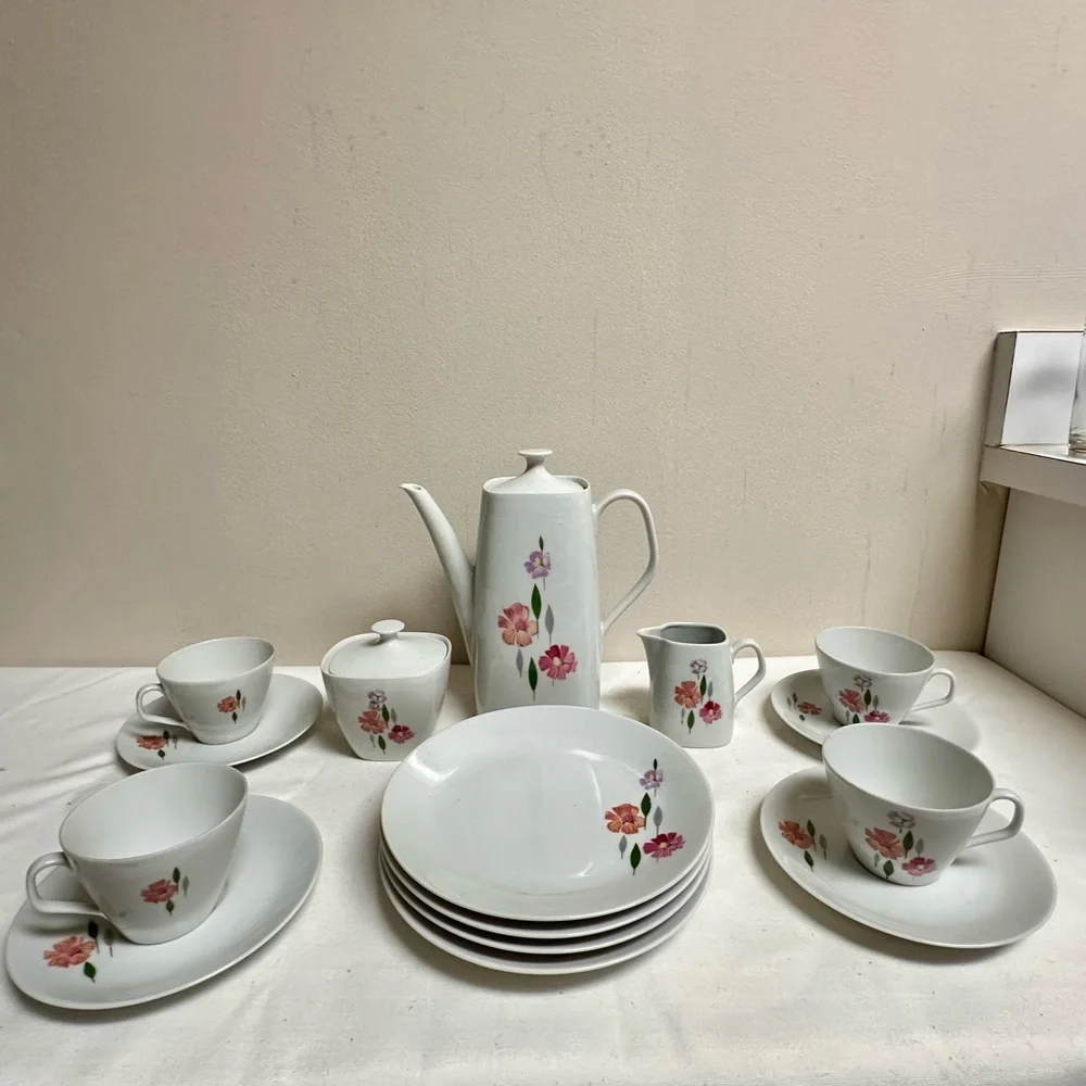 Vintage Bavarian Schirnding White Porcelain Floral Coffee Luncheon Set for Four